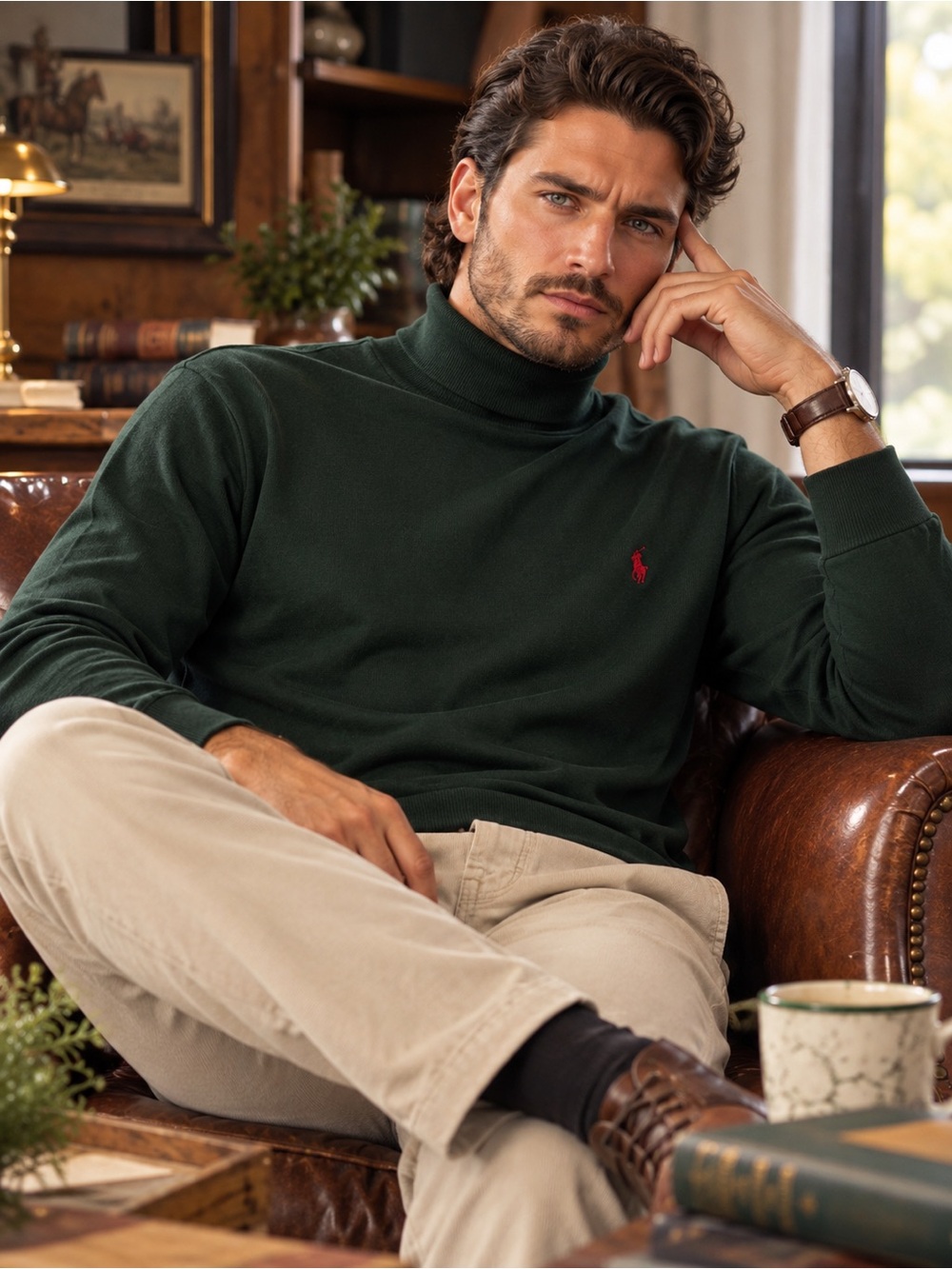 Polo Ralph Lauren Turtleneck Men’s L Green Made USA 100% Cotton Red Pony